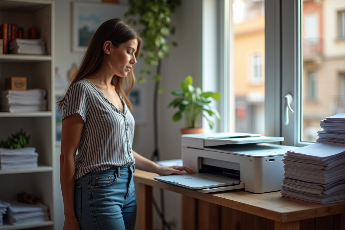 Jeune femme recherchant des prix de cartouches d encre sur son ordinateur