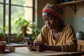 Jeune femme comorienne regardant son smartphone à la maison