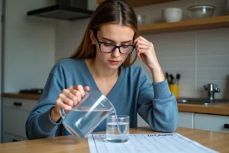 Jeune femme en cuisine consulte un tableau de conversion