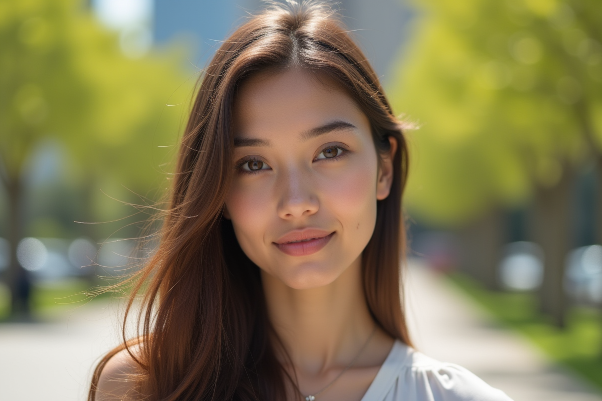 Jeune femme aux cheveux bruns dans un parc urbain en plein jour