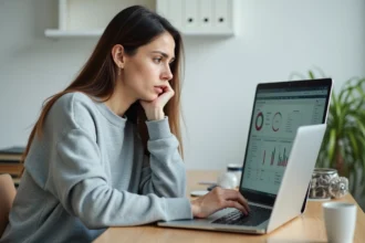 Femme découvrant une nouvelle plateforme numérique sur son ordinateur portable avec une expression interrogative