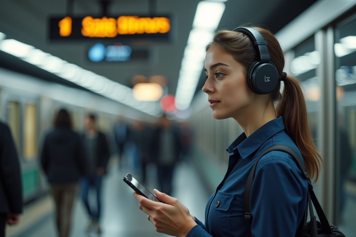 Jeune femme avec écouteurs dans une gare animée