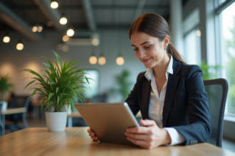 Femme professionnelle regardant un rapport financier sur tablette