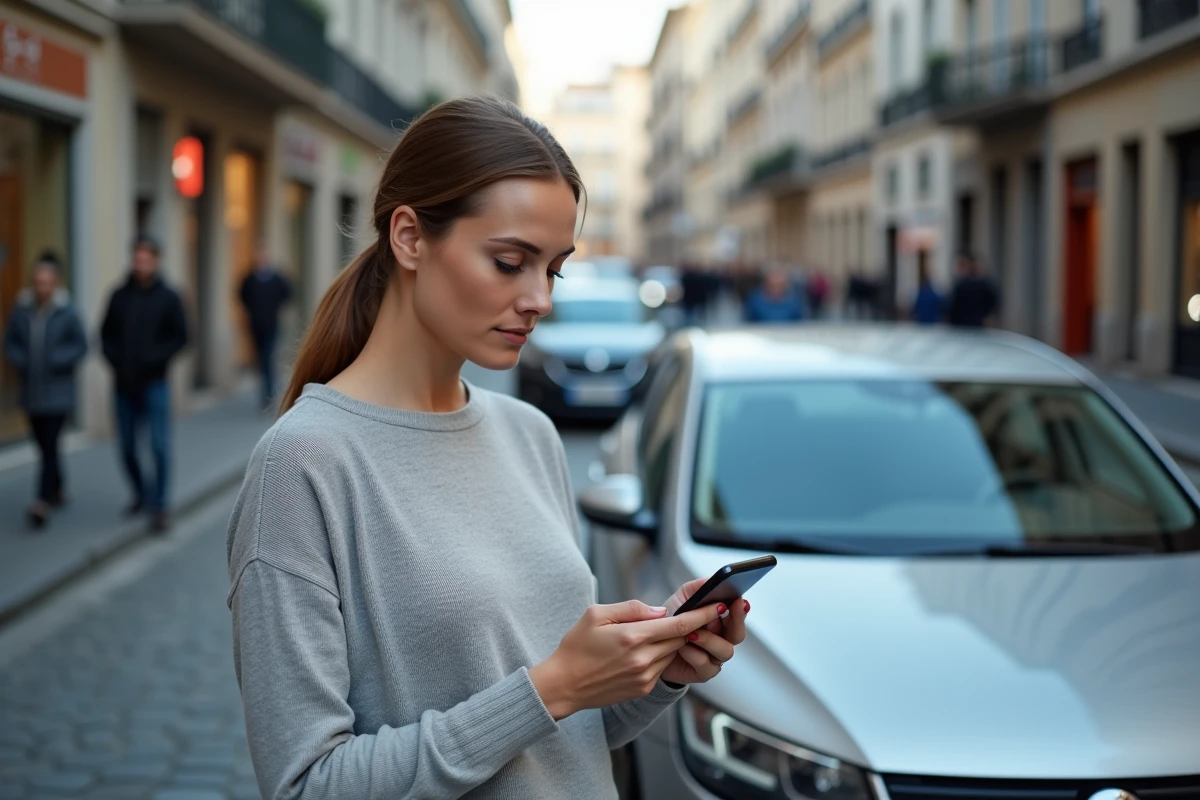Femme consultant une application GPS sur smartphone à côté d'une voiture en ville