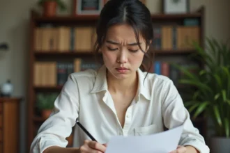 Femme relisant une note manuscrite avec une expression perplexe, illustrant une hésitation orthographique sur le mot enfait ou en fait
