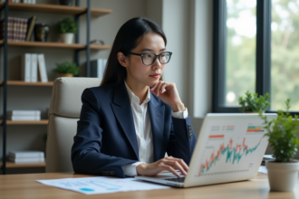 Femme d affaires analysant des graphiques financiers dans un bureau moderne