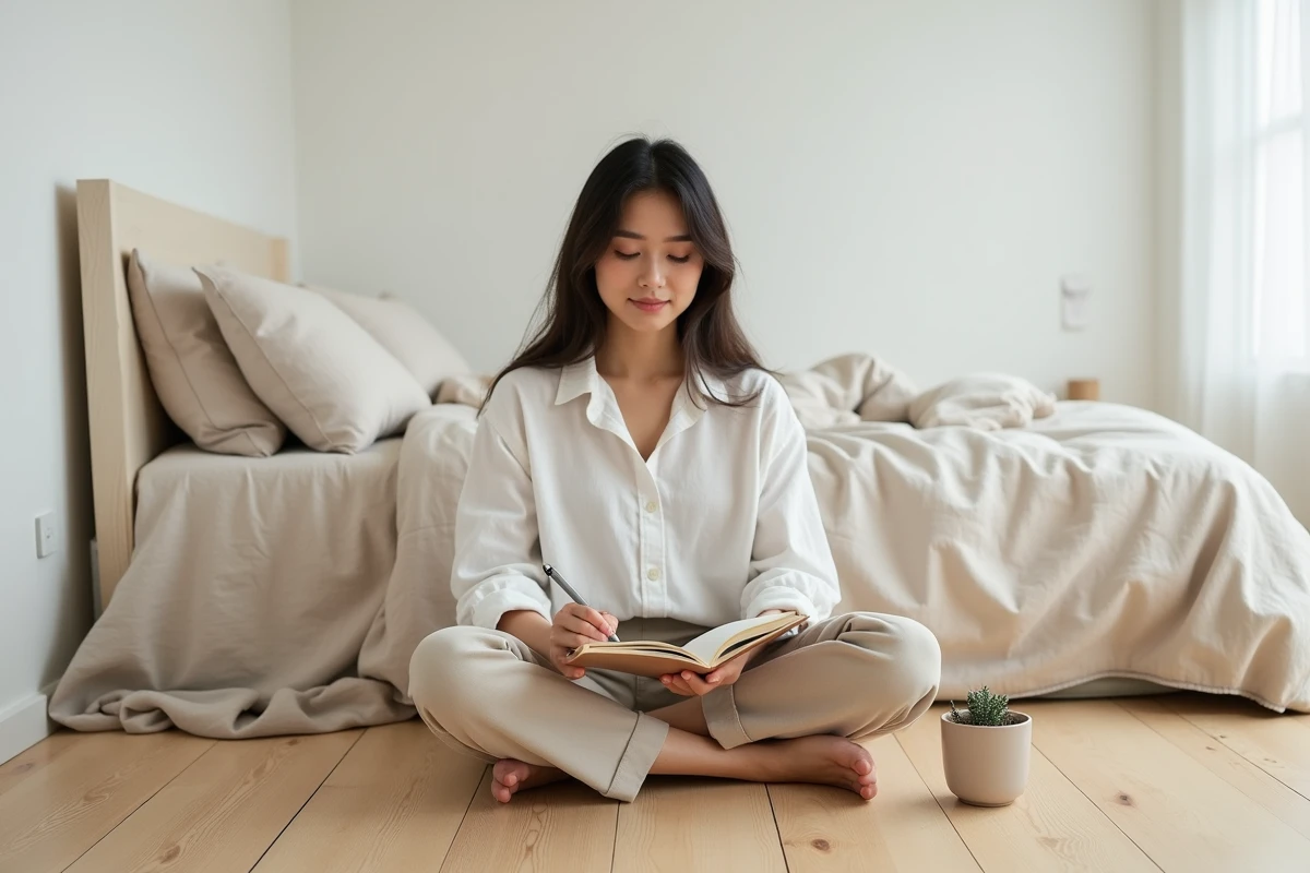Jeune femme seule écrivant dans un journal intime sur le sol d'une chambre minimaliste, dans une atmosphère de solitude choisie et bienveillante