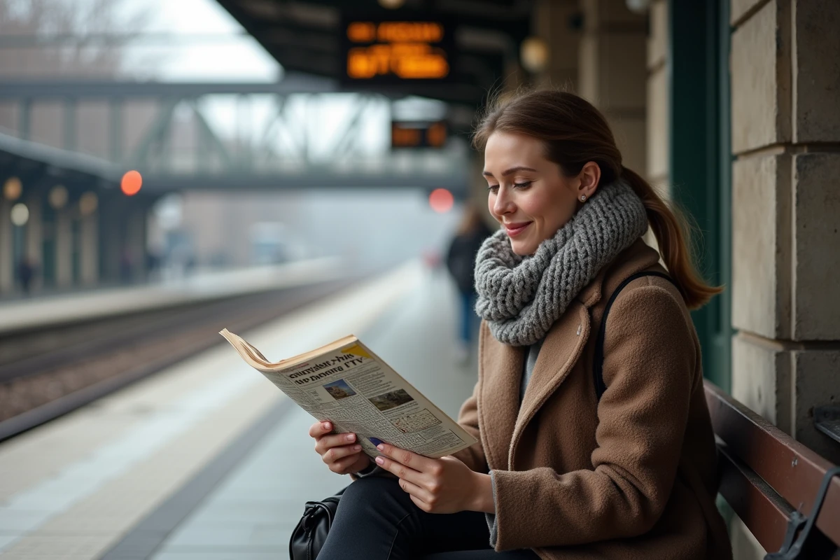 Jeune femme lisant un magazine de mots croisés à la gare belge en extérieur