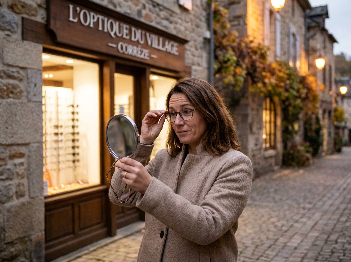 Femme essayant des lunettes anti-reflets devant une opticien en Corrèze au crépuscule