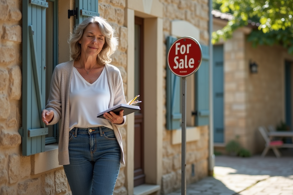 Femme étudie panneau à vendre devant une maison rurale