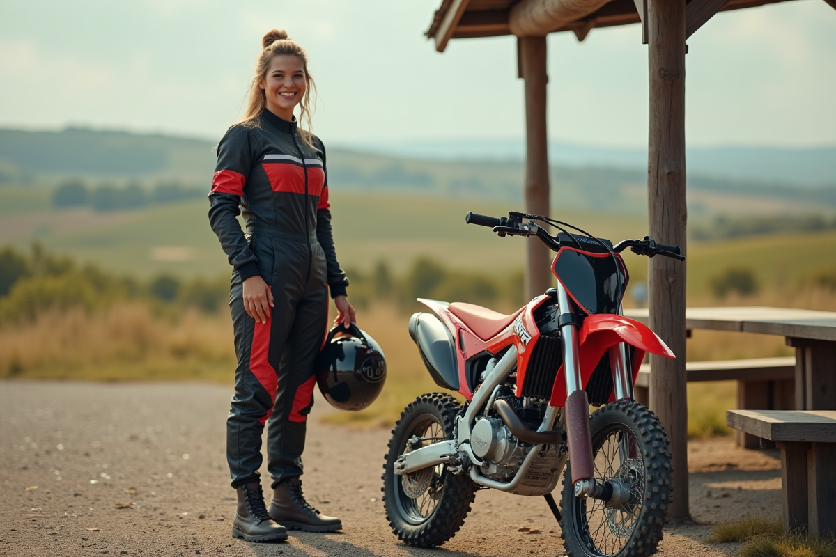 Femme debout à côté de sa moto 50cc dans un espace de repos