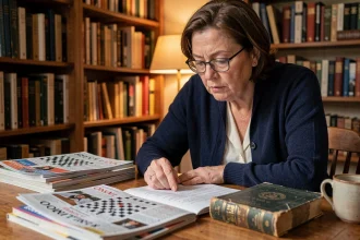 Femme d'âge mûr résolvant des mots fléchés avec un dictionnaire français ouvert sur une table en bois