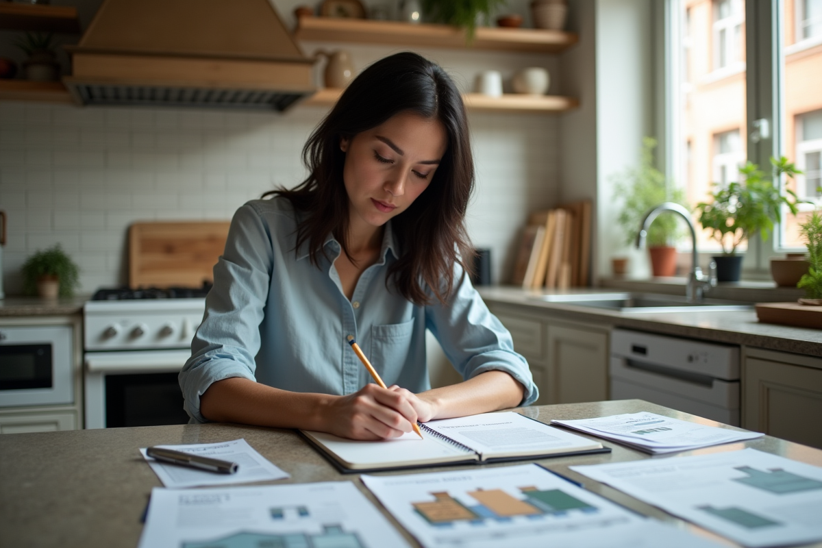 Femme noteuse avec documents immobiliers dans la cuisine