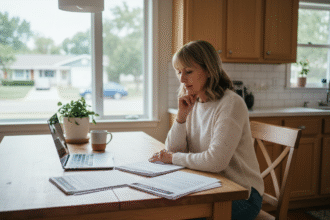 Femme concentrée à son ordinateur pour assurance habitation