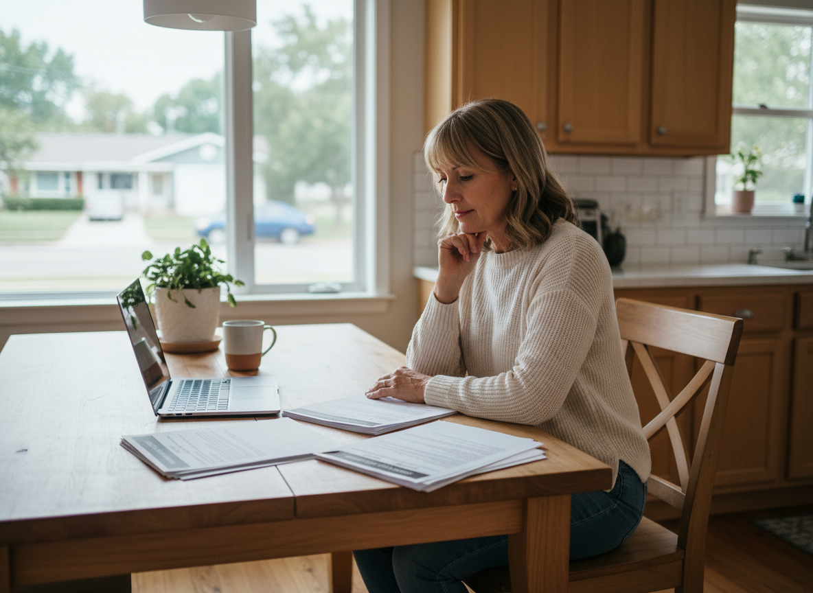 Femme concentrée à son ordinateur pour assurance habitation