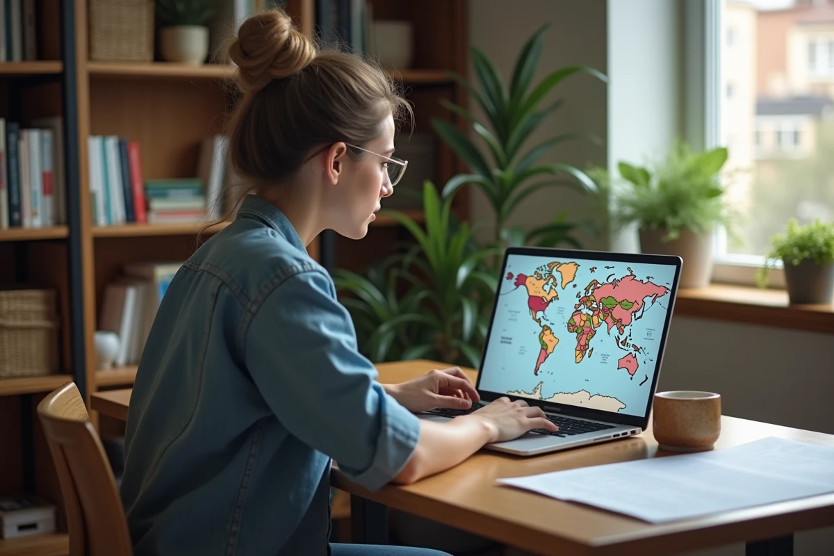 Jeune femme explore une carte du monde sur son ordinateur portable