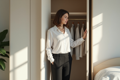 Femme en blanc et noir dans une chambre lumineuse et organisée