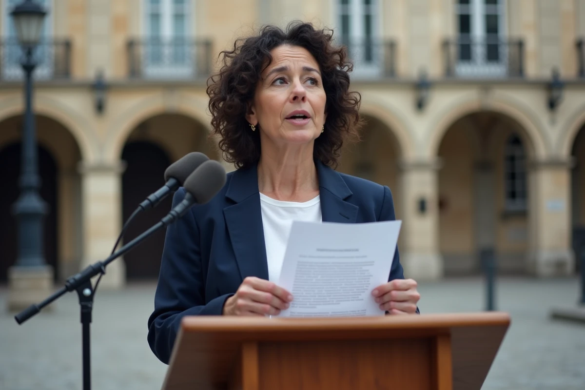 Femme tenant les paroles imprimées de La Marseillaise devant une mairie française en place publique