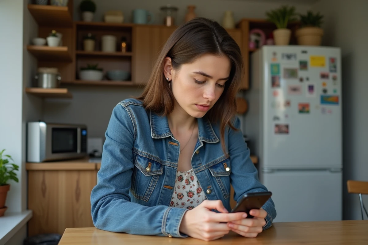 Jeune femme en denim et robe à la cuisine pensant