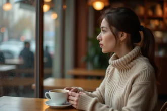 Femme pensive seule dans un café, regard tourné vers la fenêtre sous la pluie, illustrant la solitude et la réflexion dans les relations modernes