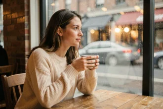 Femme pensive regardant par la fenêtre en pensant à quelqu'un, symbolisant la signification du 222