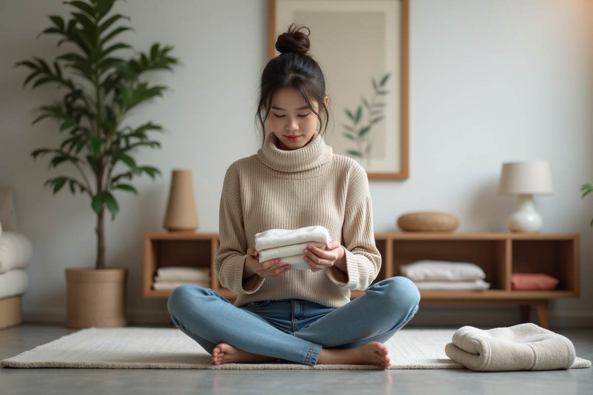 Jeune femme plie ses vêtements dans un salon moderne et calme