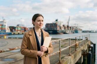 Jeune femme d'affaires sur un quai portuaire