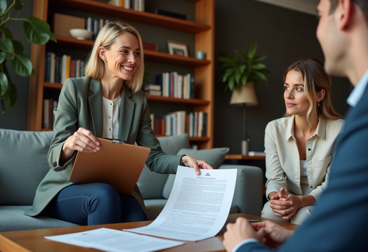 Femme professionnelle expliquant un contrat à des colocataires