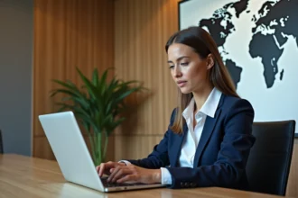 Femme professionnelle tapant sur un ordinateur avec une carte du monde en arrière-plan
