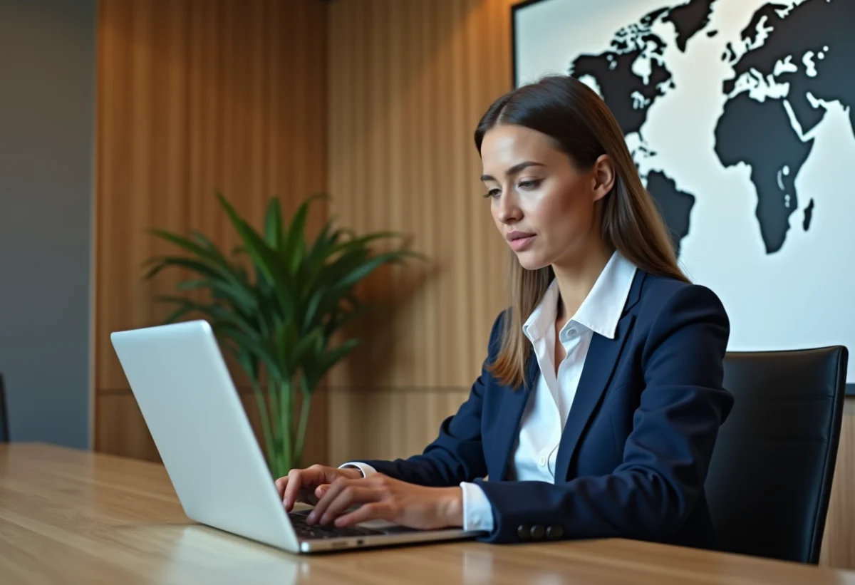Femme professionnelle tapant sur un ordinateur avec une carte du monde en arrière-plan