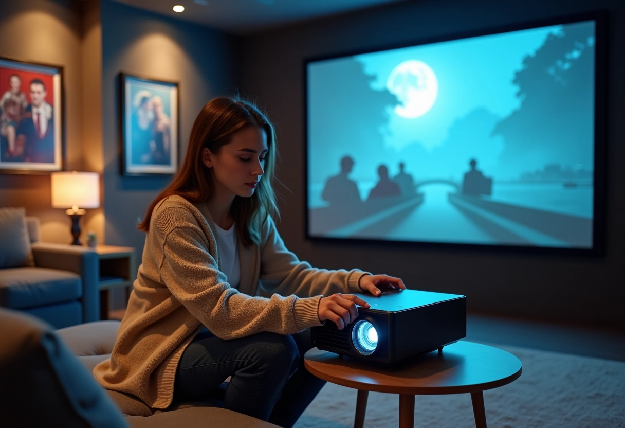 Femme ajustant un projecteur 4K dans une salle media