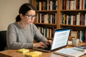 Femme consultant des avis en allemand sur un ordinateur portable dans un bureau à domicile, illustrant la recherche du mot Sonstiges dans le e-commerce
