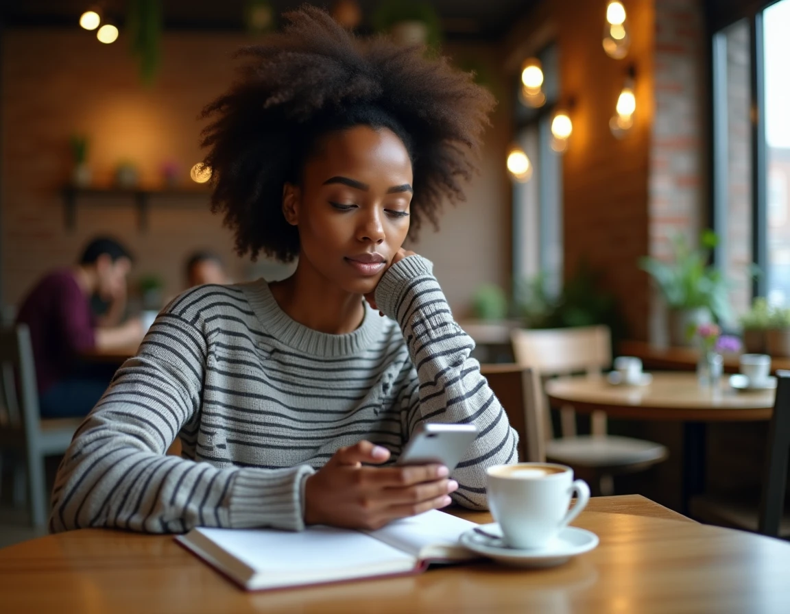 Jeune femme noire pensive lisant son téléphone dans un café, symbolisant la réflexion individuelle face aux blagues racistes et à leur impact