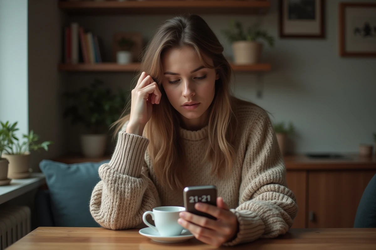 Jeune femme pensante avec téléphone affichant 21h21