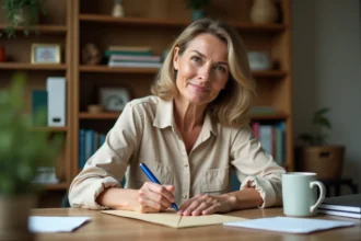 Femme remplissant une enveloppe postale avec une adresse incluant un lieu-dit, assise à un bureau en bois dans un bureau à domicile