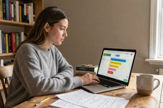 Jeune femme résolvant un jeu de devinettes de mots en français sur son ordinateur portable, entourée de notes et d'un dictionnaire