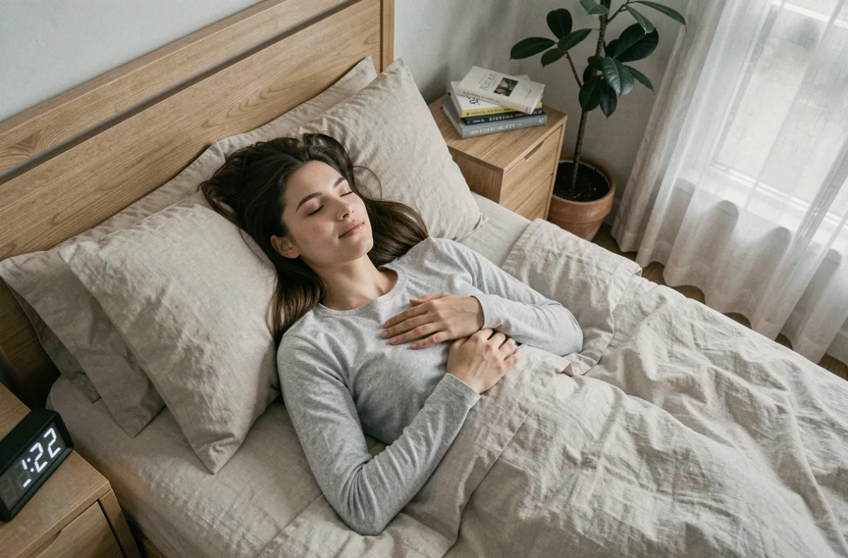 Jeune femme allongée rêvant à quelqu'un avec une horloge affichant 2h22 sur la table de nuit