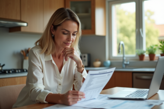 Femme d'âge moyen consulte un relevé Livret A à la maison