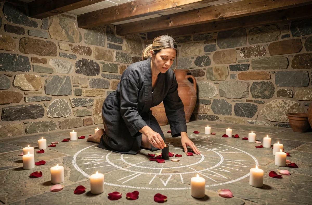 Femme en robe sombre plaçant une bougie noire au centre d'un cercle rituel avec bougies blanches et pétales de roses