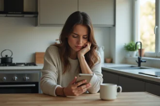 Jeune femme assise à la cuisine en train de regarder son smartphone