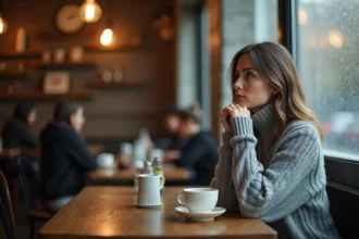 Femme seule et sereine dans un café pluvieux, réfléchissant à la solitude avec une tasse de café entre les mains