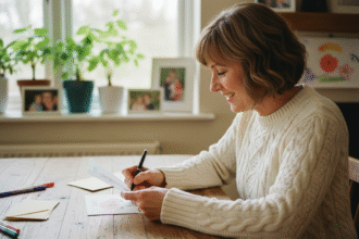 Femme souriante écrivant une carte de vœux à la maison
