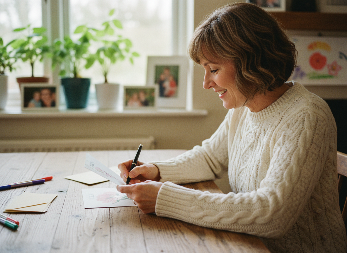 Femme souriante écrivant une carte de vœux à la maison