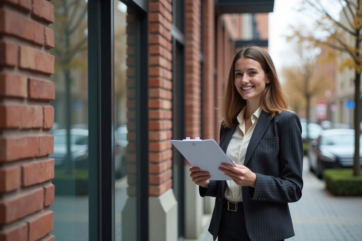 Jeune femme souriante inspectant la façade d un appartement
