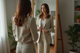 Femme en tenue moderne se préparant devant un miroir dans une chambre urbaine