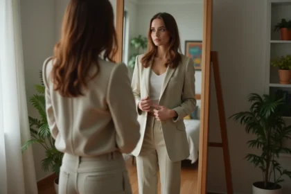 Femme en tenue moderne se préparant devant un miroir dans une chambre urbaine