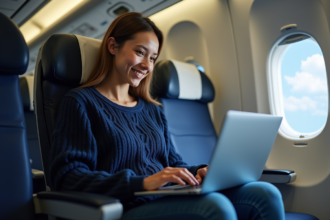 Jeune femme travaillant sur son ordinateur en avion