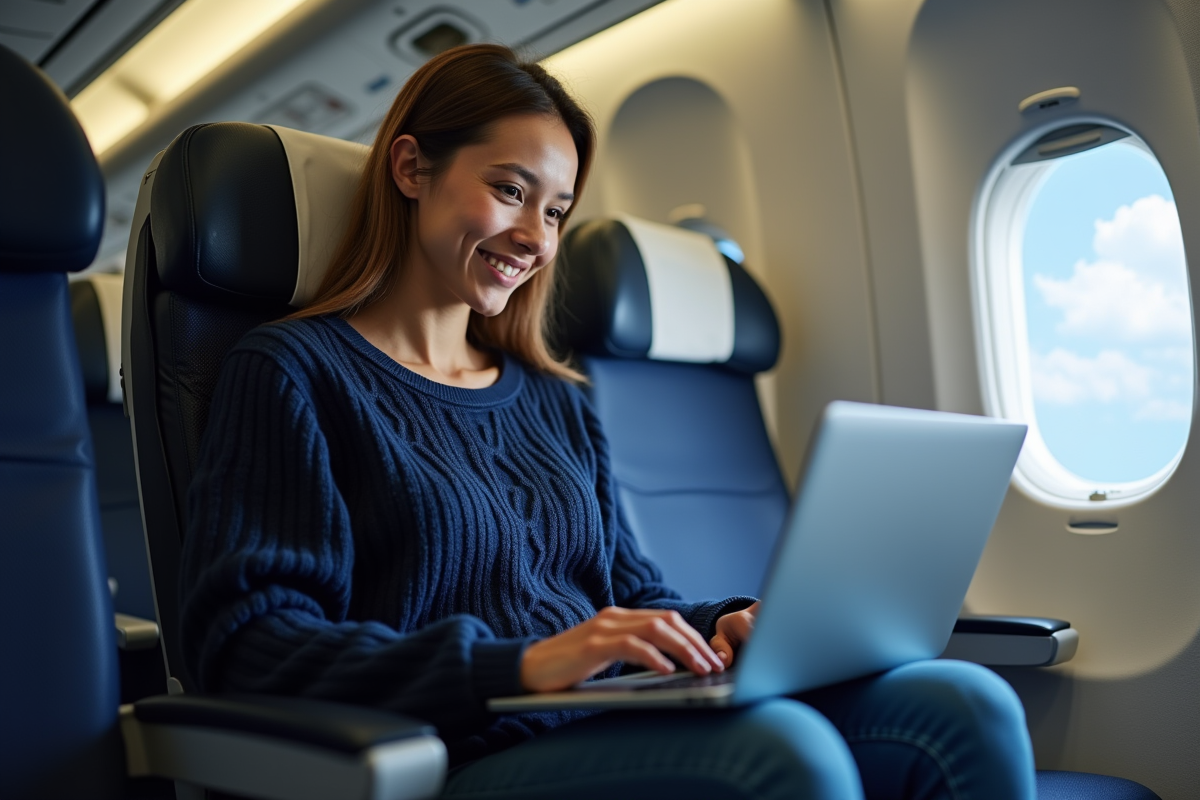 Jeune femme travaillant sur son ordinateur en avion