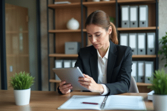 Femme en tenue professionnelle consulte un document légal sur tablette