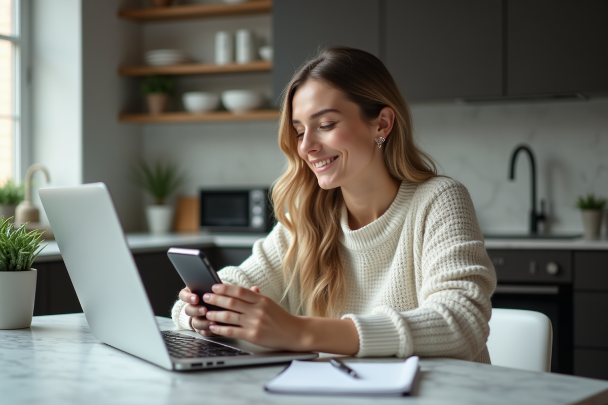 Femme concentrée travaillant sur ordinateur dans la cuisine
